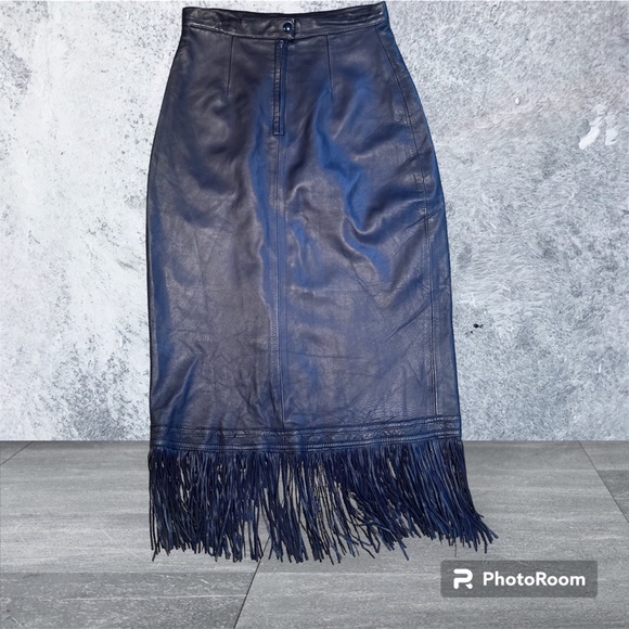 Continental baby soft lamb skin leather fringe skirt Indigo blue. NWOT cowgirl - Picture 3 of 15